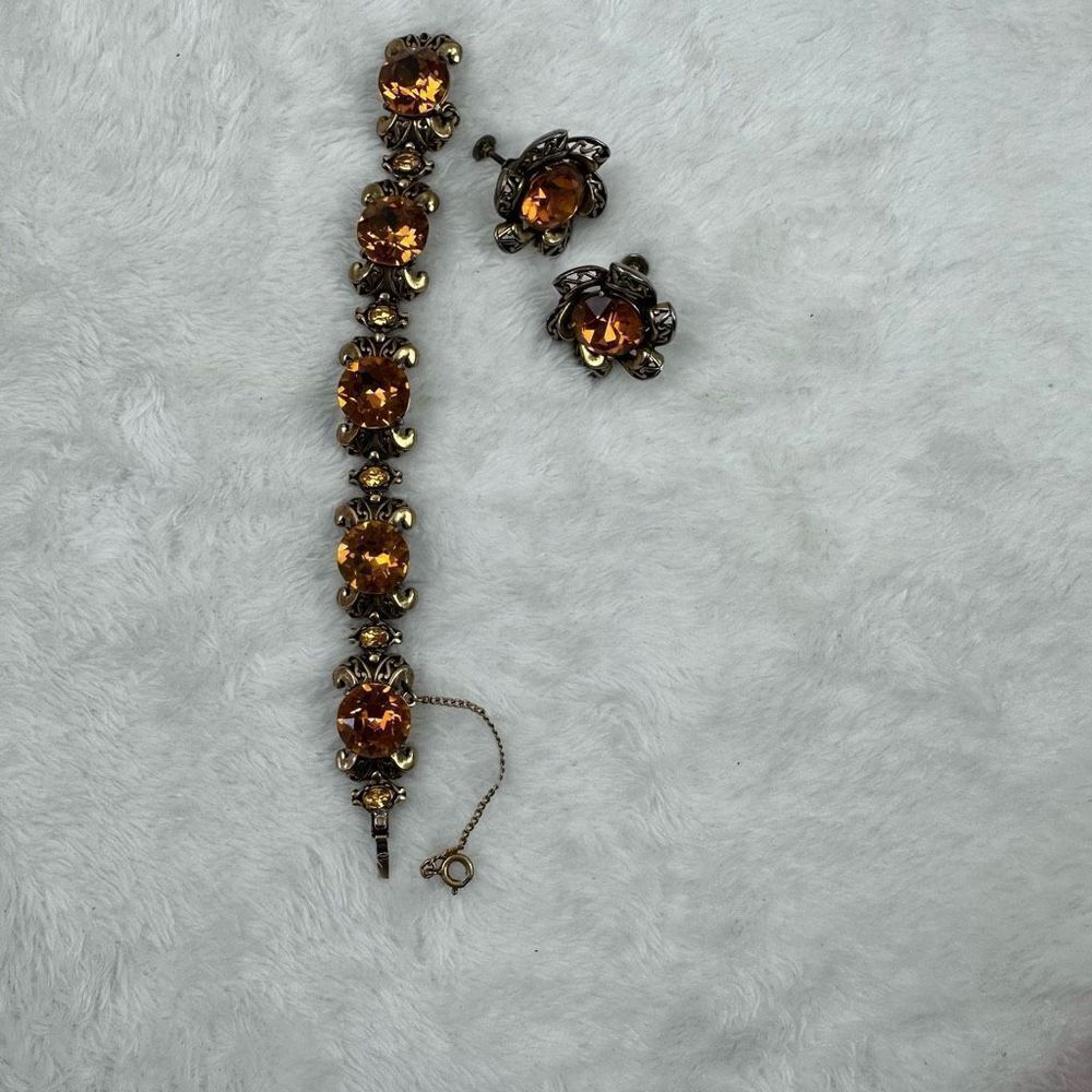 Holycraft Signed 1952 Vintage Jewelry‎ Set Rhinestone Bracelet Earrings